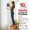 A woman is using a cordless steam iron on curtains while standing on a stool. The image also includes marketing text and icons. Produktbild-Vorschau