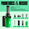 A product shot of a green juicer with various accessories and a size chart overlay. Náhled obrázku produktu