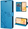 A collage of images showing a blue flip phone case with a floral design, a view of the inside with card slots, and the phone case used as a stand. Produktbild-Vorschau