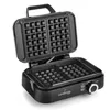 A black waffle maker is shown open against a white background. Produktbild-Vorschau