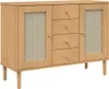 A light brown wooden sideboard with four drawers and two cabinet doors with rattan-like inserts, shown against a white background. Náhled obrázku produktu