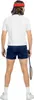 A person wearing a retro tennis outfit, seen from the back. Produktbild-Vorschau