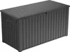 A dark gray storage box with a slatted lid and sides, shown from a three-quarter angle on a white background. Produktbild-Vorschau