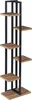 A tall, multi-tiered shelf unit with a black metal frame and wooden shelves. Produktbild-Vorschau