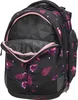 A black backpack with a floral and leaf pattern in pink and purple, shown with its main compartment open. Anteprima dell’immagine prodotto