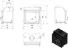 Technical drawings and a 3D render of a fireplace insert. Produktbild-Vorschau