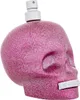 A pink glittery skull-shaped perfume bottle with a white spray nozzle and a white band around the mouth with the word 'POLICE' on it. Anteprima dell’immagine prodotto