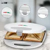 A white sandwich maker with two triangular sandwiches inside, displayed on a marble-like surface with close-up insets showing indicator lights and a latch. Produktbild-Vorschau