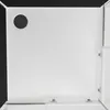 A close-up view of a white shower enclosure with a black circular vent on the top left corner. The bottom edge shows the shower tray and metal framing with visible screws. Produktbild-Vorschau