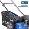 Close-up of a blue lawnmower with a grass catcher bag. Produktbild-Vorschau
