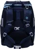 The back view of a dark blue backpack with straps and buckles. Produktbild-Vorschau