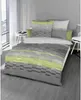 A bed with bedding in a modern bedroom setting.