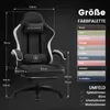 A gaming chair with dimensions and color options displayed. Produktbild-Vorschau