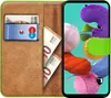 A book-style phone case with a Samsung Galaxy A51 phone inside, showing cards and euro banknotes in the case's compartments. Voir les images du produit