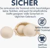 Wool dryer balls in a drawstring bag, with one ball outside the bag, next to marketing text and icons. Náhled obrázku produktu