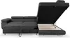 A dark gray sectional sofa with its storage compartment open, revealing the wooden frame and mattress. Produktbild-Vorschau