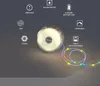 A product shot of a portable light with a string of colorful LED lights, surrounded by feature callouts. Produktbild-Vorschau