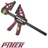 A maroon and black Piher Mini Quick clamp is shown against a white background. The clamp has green accents on the trigger and jaw pad. Náhled obrázku produktu