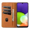 A brown leather wallet-style phone case is open, showing card slots and a bill, with a smartphone inserted. Produktbild-Vorschau