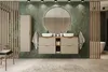A modern bathroom with a double vanity, large round mirror, and green tiled walls. Náhled obrázku produktu