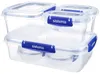A set of clear plastic food storage containers with blue lids and clasps, stacked on a white background. Produktbild-Vorschau