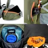 Collage of four close-up images showing different features and compartments of a green backpack. Náhled obrázku produktu