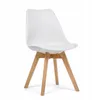 A modern white chair with wooden legs, photographed on a white background.