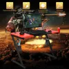 A gaming desk with a computer setup, set against a dramatic, fiery background with a soldier aiming a rifle. Produktbild-Vorschau