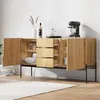 A wooden sideboard with open doors and drawers, displaying various items like glasses, plates, and a coffee machine. Anteprima dell’immagine prodotto