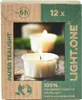 A cardboard box packaging for paper tealight candles, showing a close-up of two lit tealights in paper cups. Podgląd zdjęcia produktu