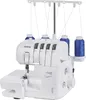 A white Brother overlock sewing machine with blue thread spools is shown against a white background. Náhled obrázku produktu