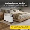 A white electric heater is placed on a rug in front of a bed in a bedroom. Text overlays highlight product features. Náhľad obrázku produktu