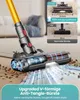 Close-up of a cordless vacuum cleaner head on a floor, with inset images comparing brush sizes and efficiency. Produktbild-Vorschau
