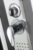 A close-up view of a modern shower panel with chrome fixtures. Produktbild-Vorschau