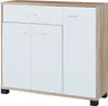 A white and wood-grain sideboard with three doors and one drawer, shown against a white background. Produktbild-Vorschau