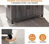 Close-up of a mobile kitchen island's wheels and cabinetry, with illustrative graphics highlighting features. Anteprima dell’immagine prodotto