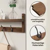A close-up view of a wooden shelf with hooks, showing details of the material and craftsmanship. The right side of the image contains close-ups with text annotations. Produktbild-Vorschau
