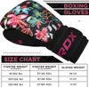 A boxing glove with a floral pattern and a size chart for boxing gloves. Náhľad obrázku produktu