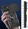A hand holding a black phone case with a sliding camera cover and a ring stand. Produktbild-Vorschau