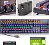 Collage of images showing a mechanical gaming keyboard with LED lighting, its details, and a review score. Produktbild-Vorschau
