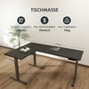 A black L-shaped standing desk with dimensions and feature icons displayed. Náhled obrázku produktu