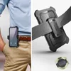 A split image showing a phone in a belt clip holster on a person's hip and a close-up of the holster attached to a belt. Náhled obrázku produktu