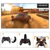 A collage showing a racing game on a phone screen, a gamepad with a phone clip, and a person holding a phone with a gamepad. Produktbild-Vorschau