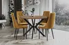 A dining room scene with a round wooden table and four yellow chairs. Voir les images du produit