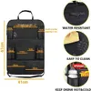 A black car seat organizer with various pockets and compartments, shown with dimensions and feature callouts. Produktbild-Vorschau