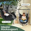 A split image showing a person relaxing in a hammock chair outdoors and a child reading in a hammock chair indoors. Produktbild-Vorschau
