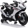 A white electric toy motorcycle with black and red accents, shown from a three-quarter front angle on a white background. Anteprima dell’immagine prodotto