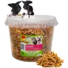 A bucket of dried shrimp for pets, with a dog peeking over the top. Produktbild-Vorschau