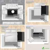 A collage of four different room layouts showing rug placement options with various furniture arrangements. Produktbild-Vorschau