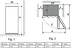 Diagrams and a table showing dimensions and specifications for a refrigerator. Produktbild-Vorschau